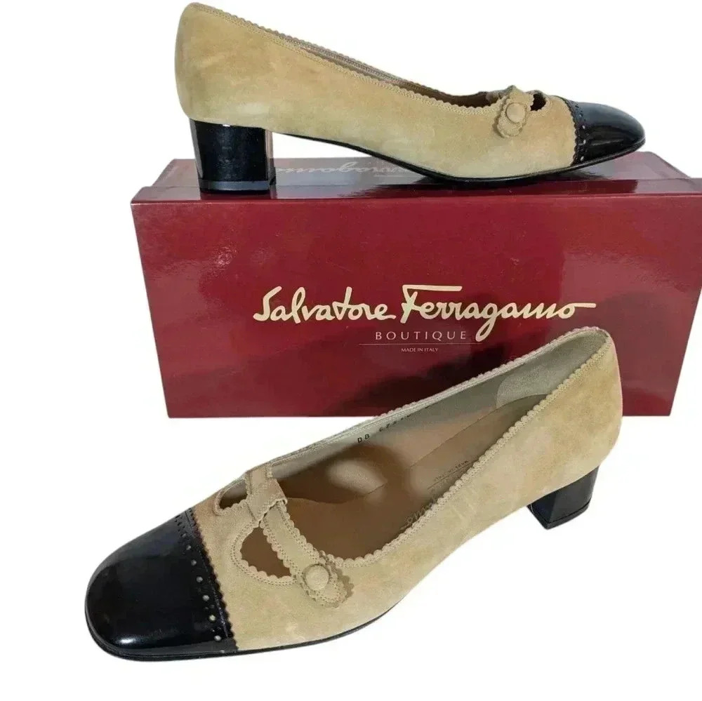 Salvatore Ferragamo Beige and Black Heels
